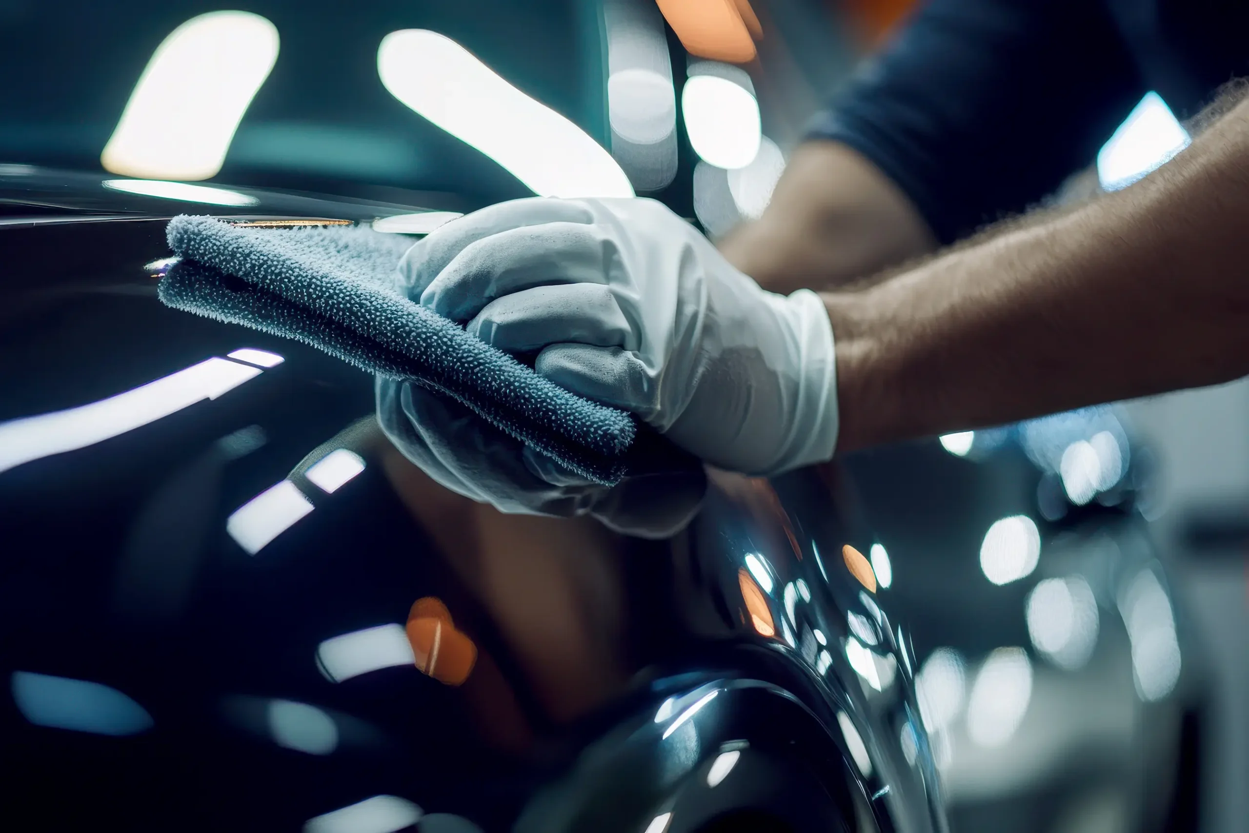 man with gloves is polishing car with microfiber cloth car detailing wiping cleaning
